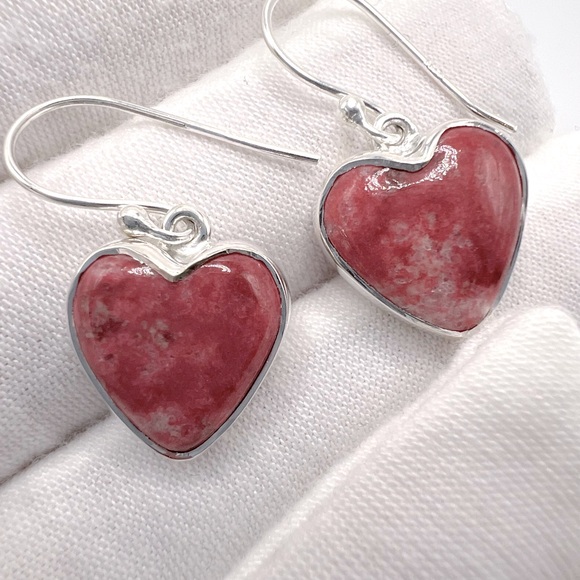 Thulite .925 Sterling Silver Heart Earrings - Picture 12 of 15